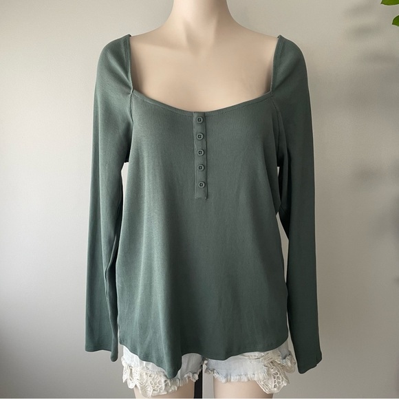 Torrid Ribbed Square Neck Henley Long Sleeve Top Blouse Shirt Green Plus Size 2 - Picture 2 of 8